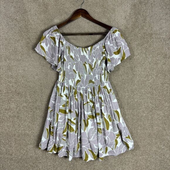 Free People Louise Mini Dress Size Small Purple Floral Smocked Off The Shoulder - Picture 2 of 12